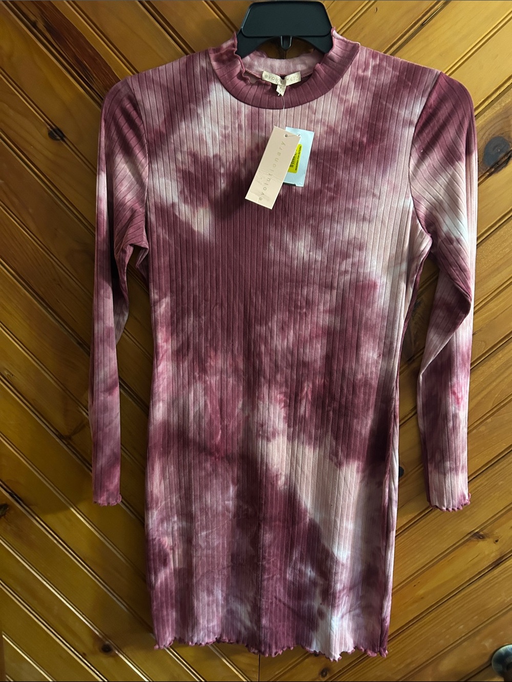 Evolutionary Ribbed Tie-Dye Long Sleeve Tunic Dress in Mauve Pink